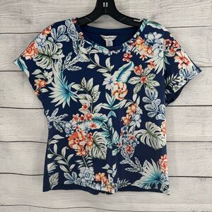 Tommy Bahama Shirt Tropical Floral‎ Print Short Sleeve Top Navy Blue Blouse S/P